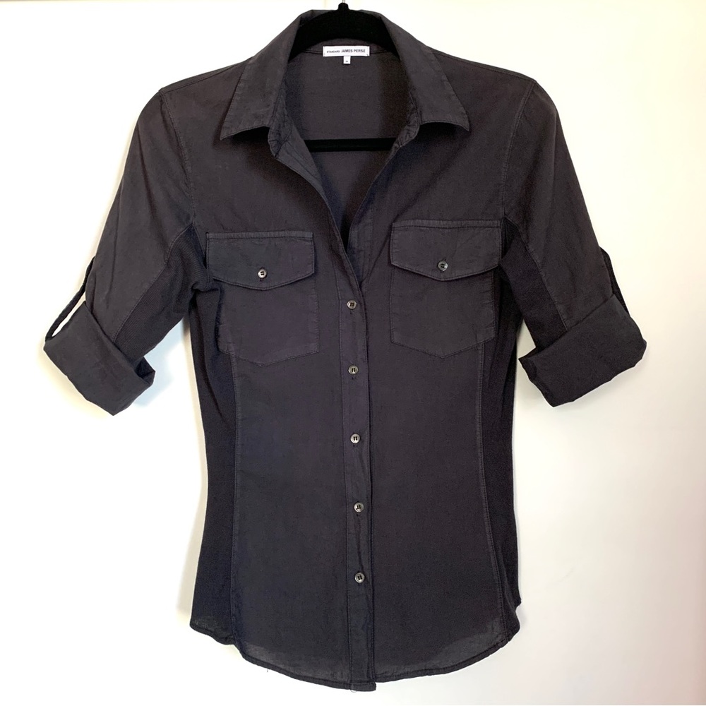 James Perse Contrast Ribbed Surplus Button Up Shirt in Gray - Size 2 - Small